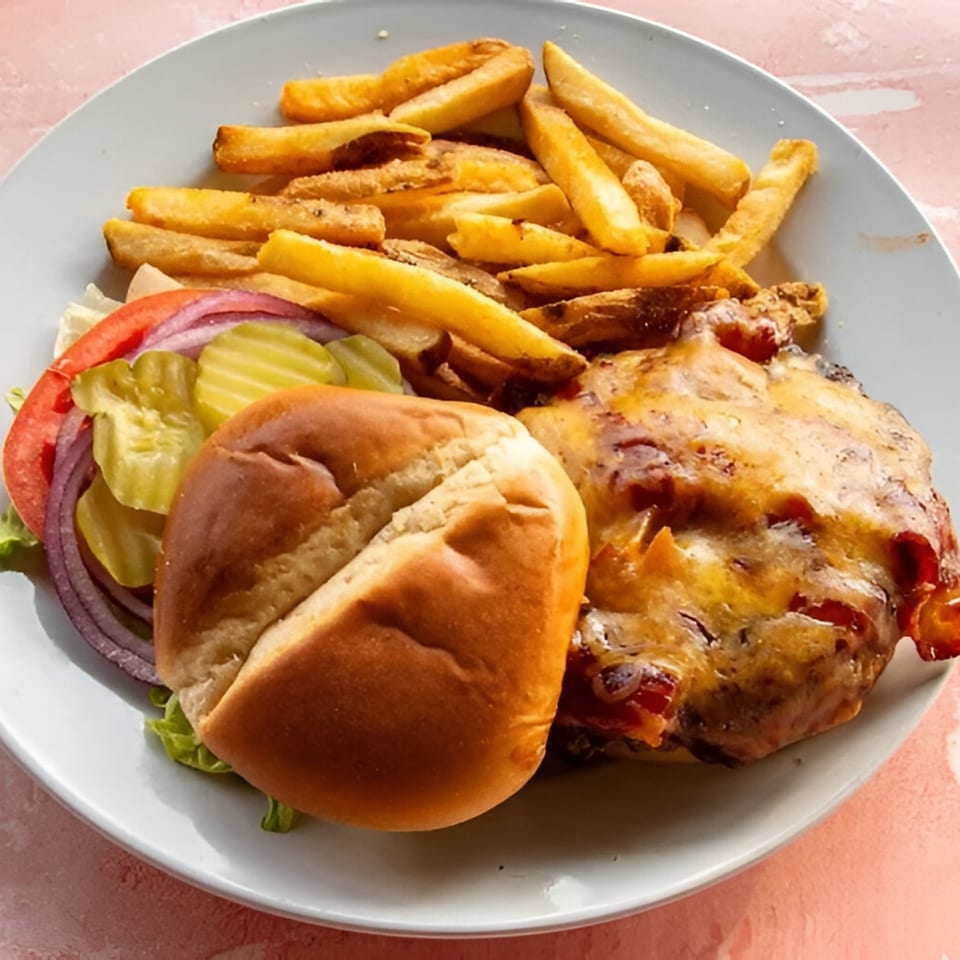 A cheeseburger with pickles, onions, and tomatoes, served with a side of golden french fries.